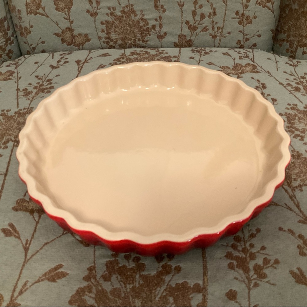 Le Creuset Red Fluted Ceramic Pie Dish with Cream Interior